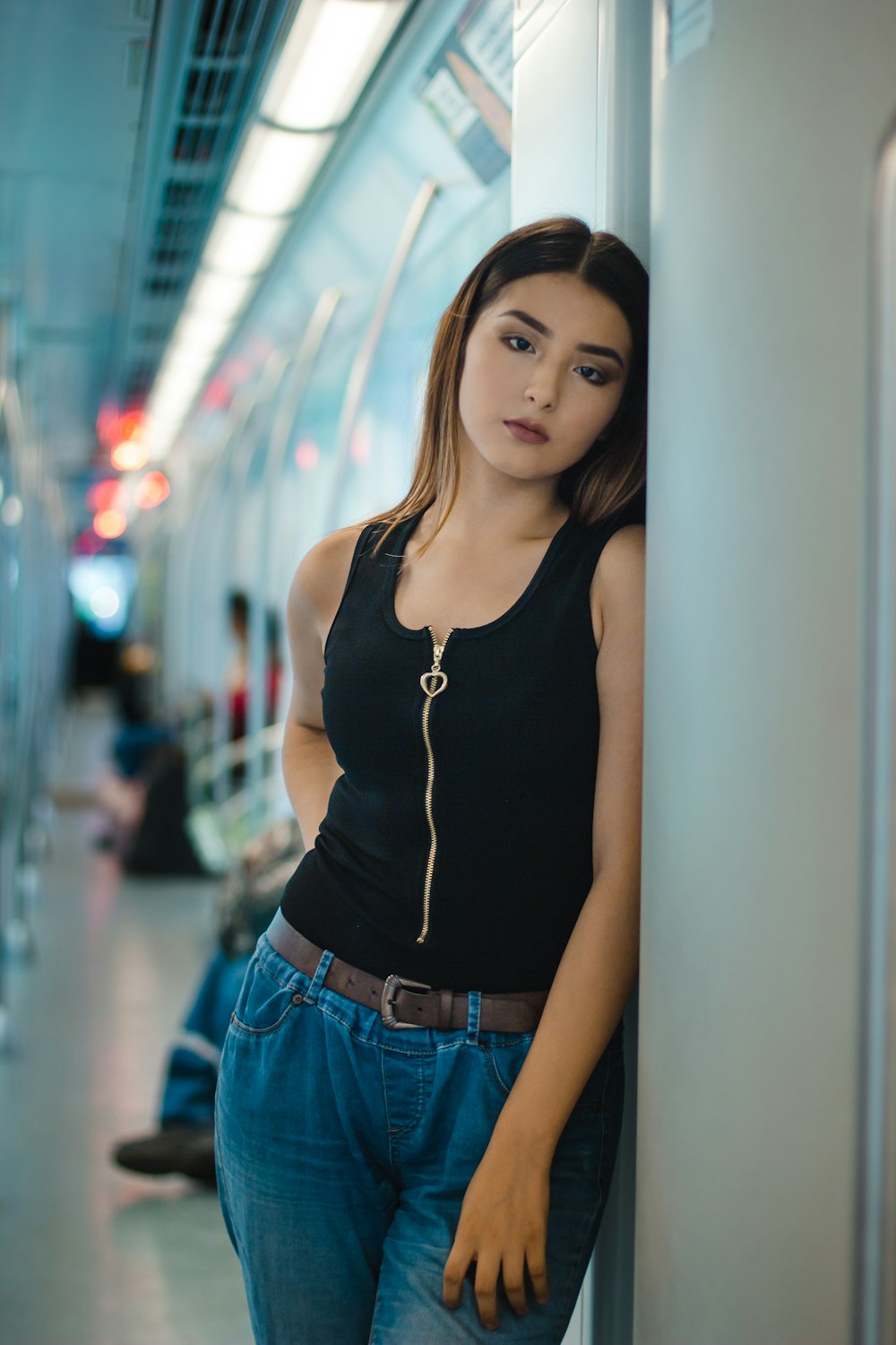 woman leaning inside train