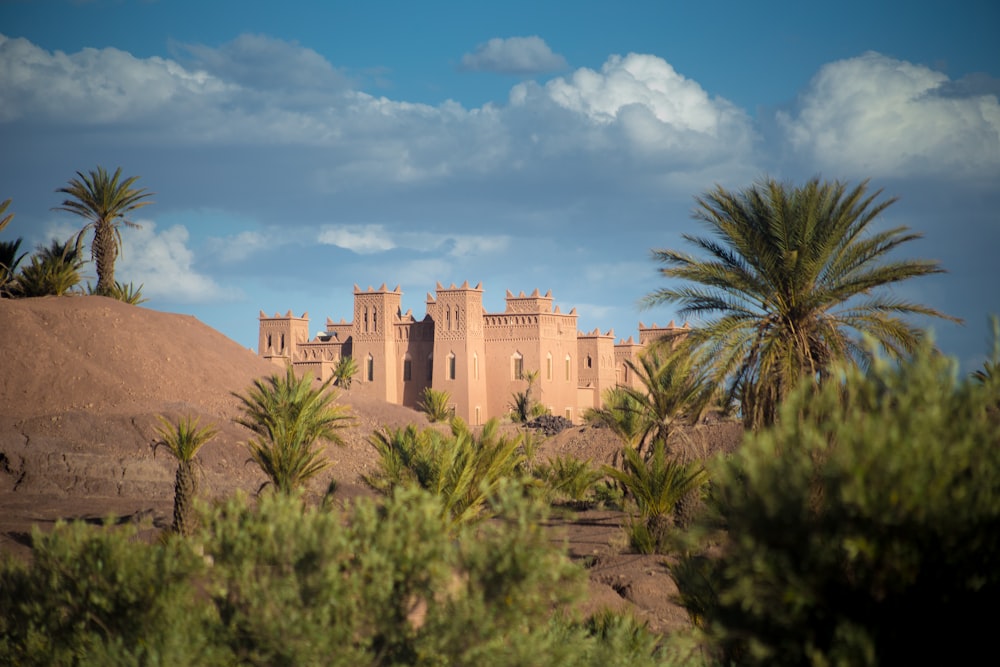 brown concrete building in desert beside palm trees