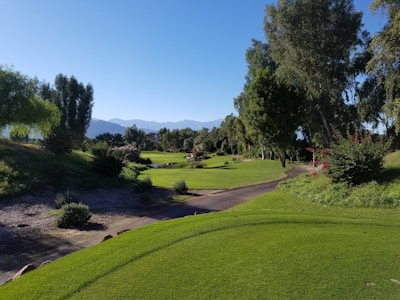 A well-maintained golf course with lush green grass, several trees, and bushes. A winding paved path runs through the landscape, leading off into the distance. There are mountains visible in the background under a clear blue sky.