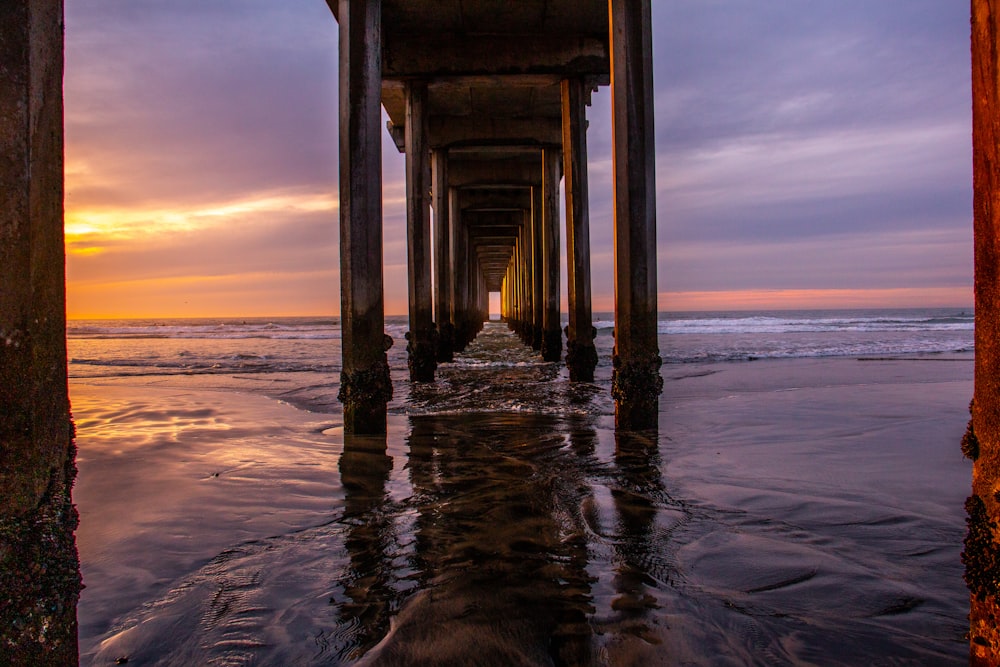 brown and black dock on shore during sunset