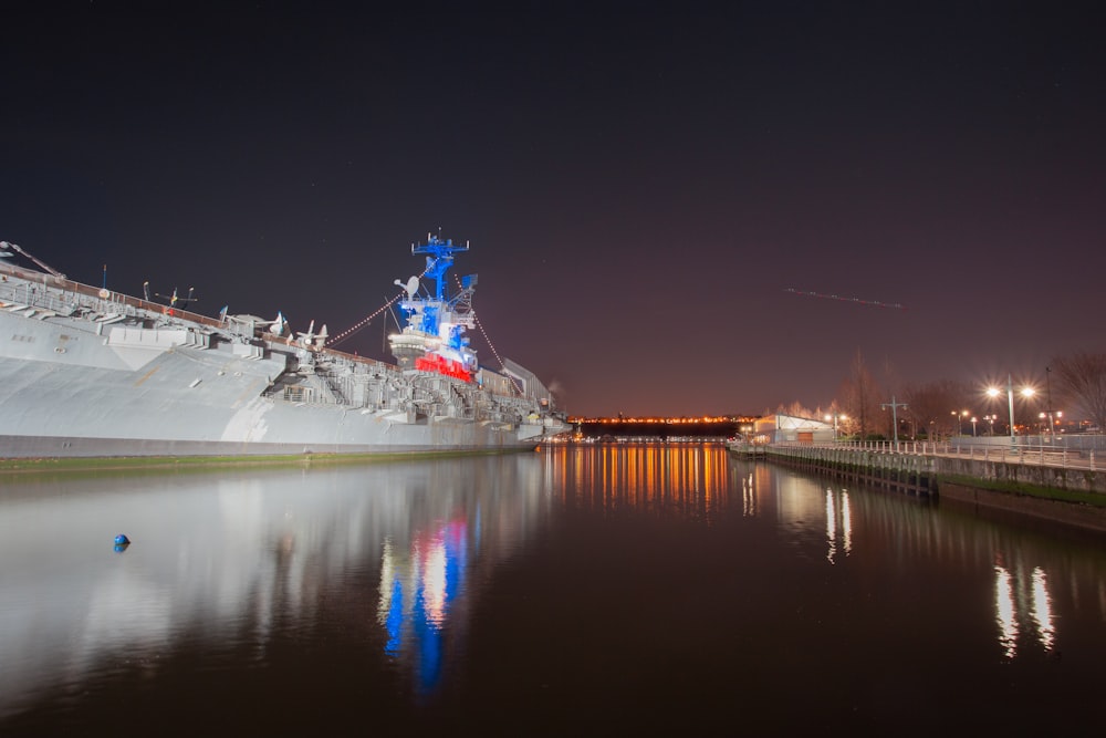 white and blue ship