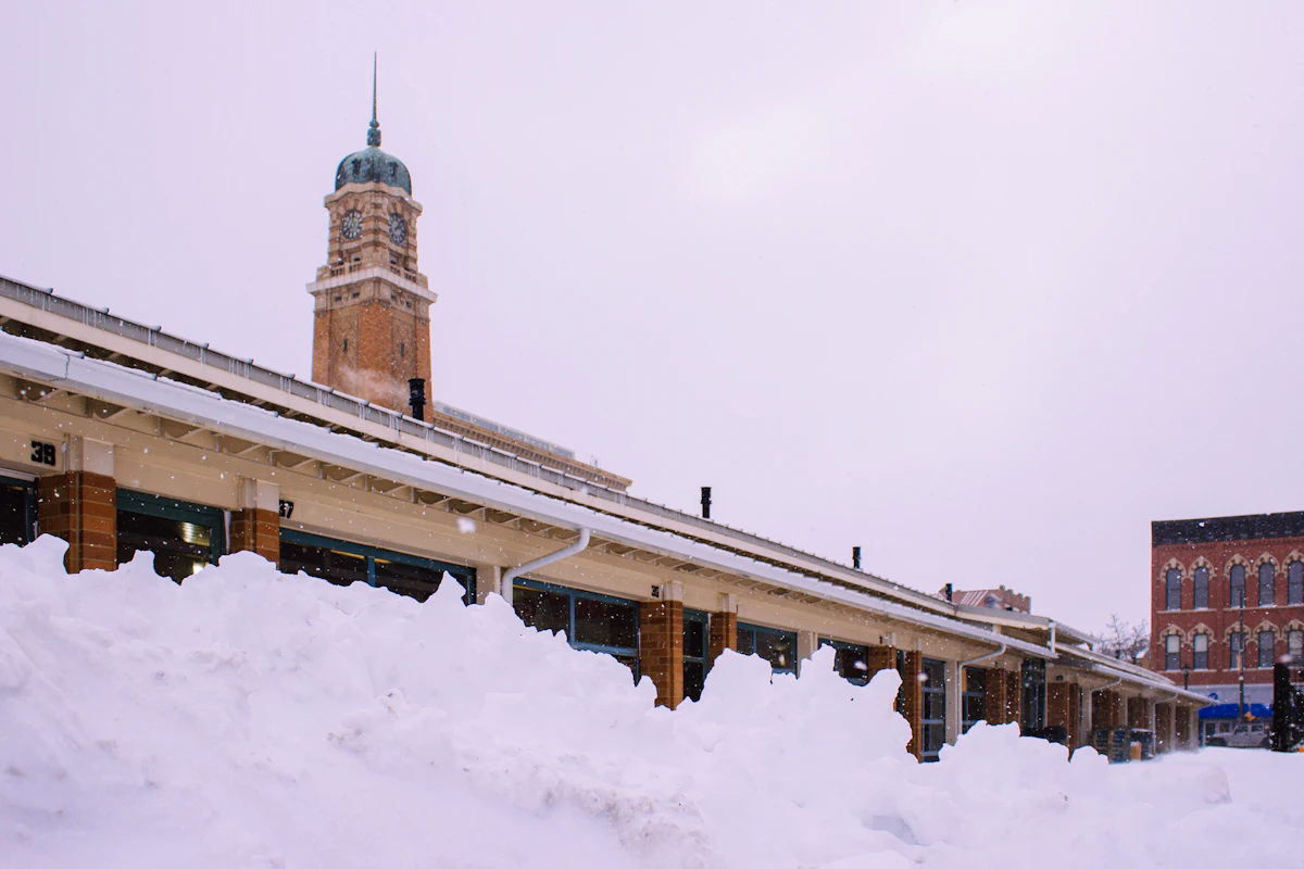 Snow-covered concrete building in Cleveland in January