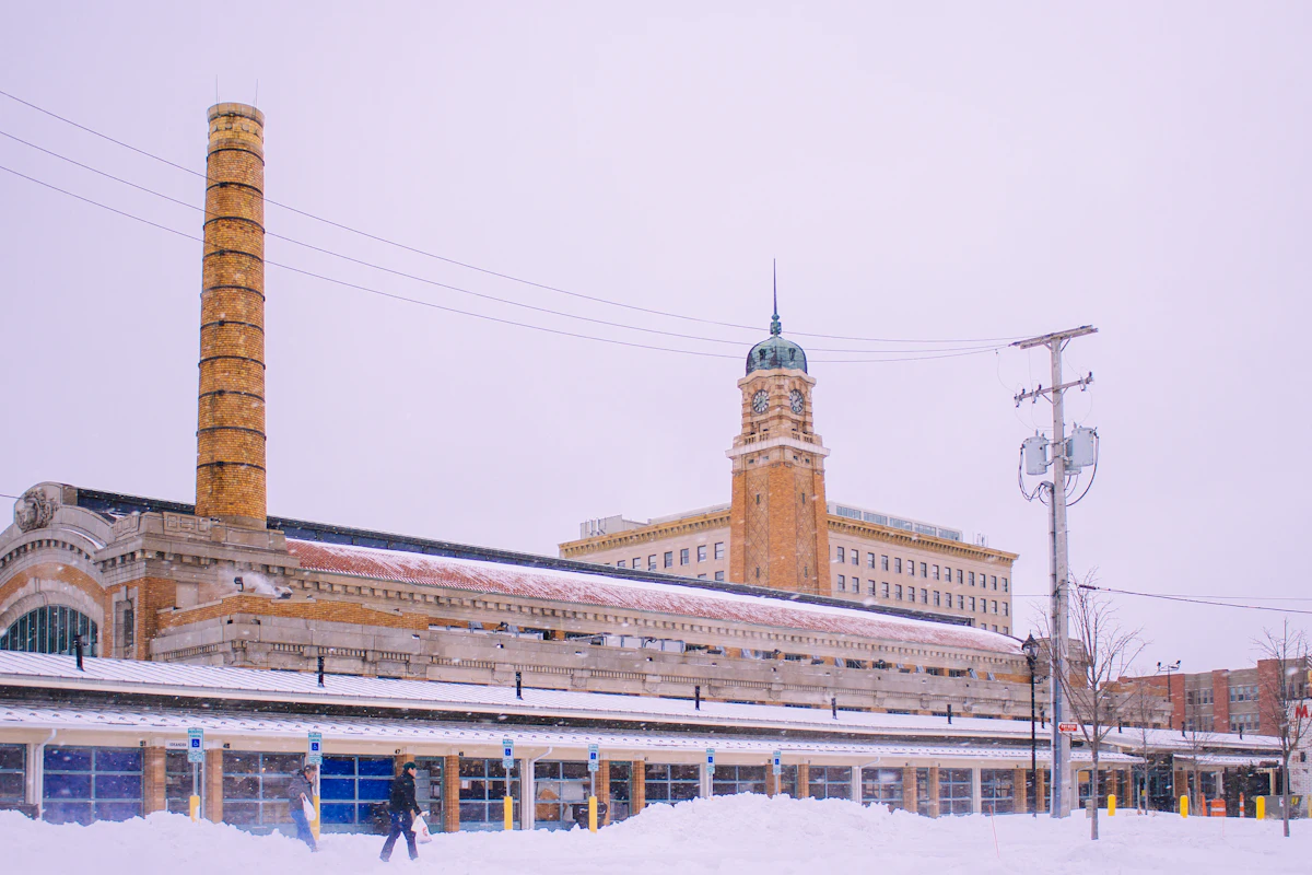 Building and snowfield in Cleveland in January