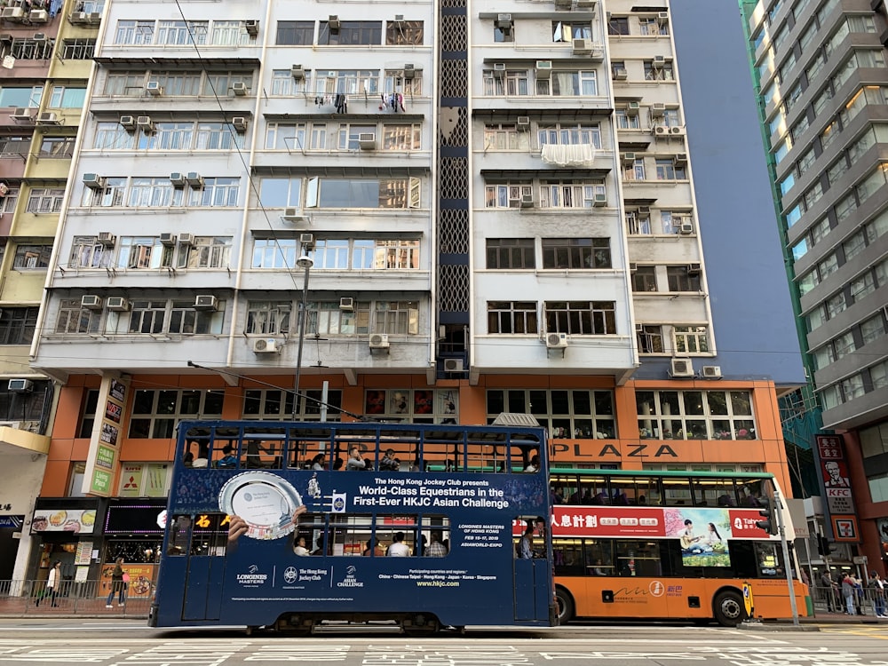 blue double decker bus