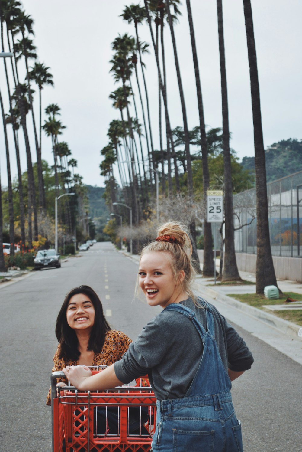 two women smiling while pushing cart on pathway