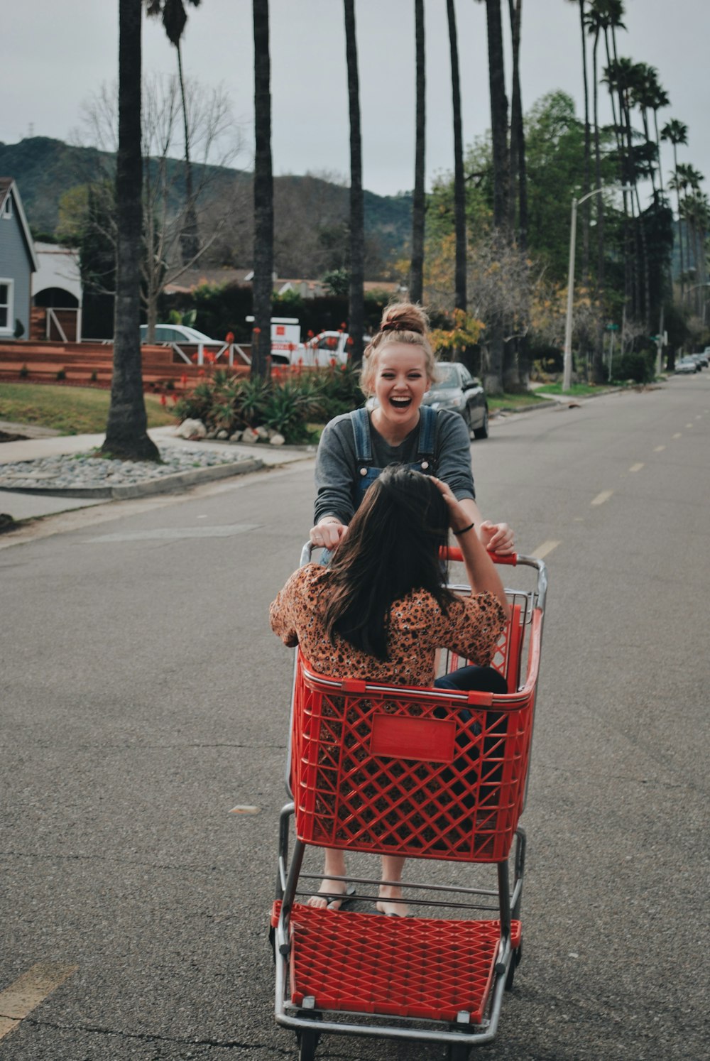 woman pushing shopping cart with woman riding in it