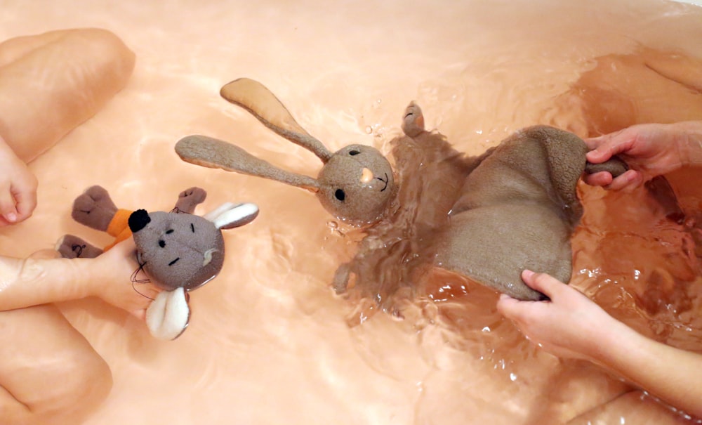 bunny and rat plush toys on body of water