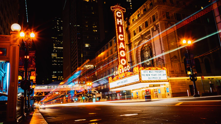 Light trails on a Chicago street at night