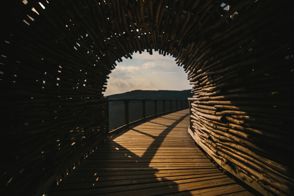 empty footbridge with bamboo walls