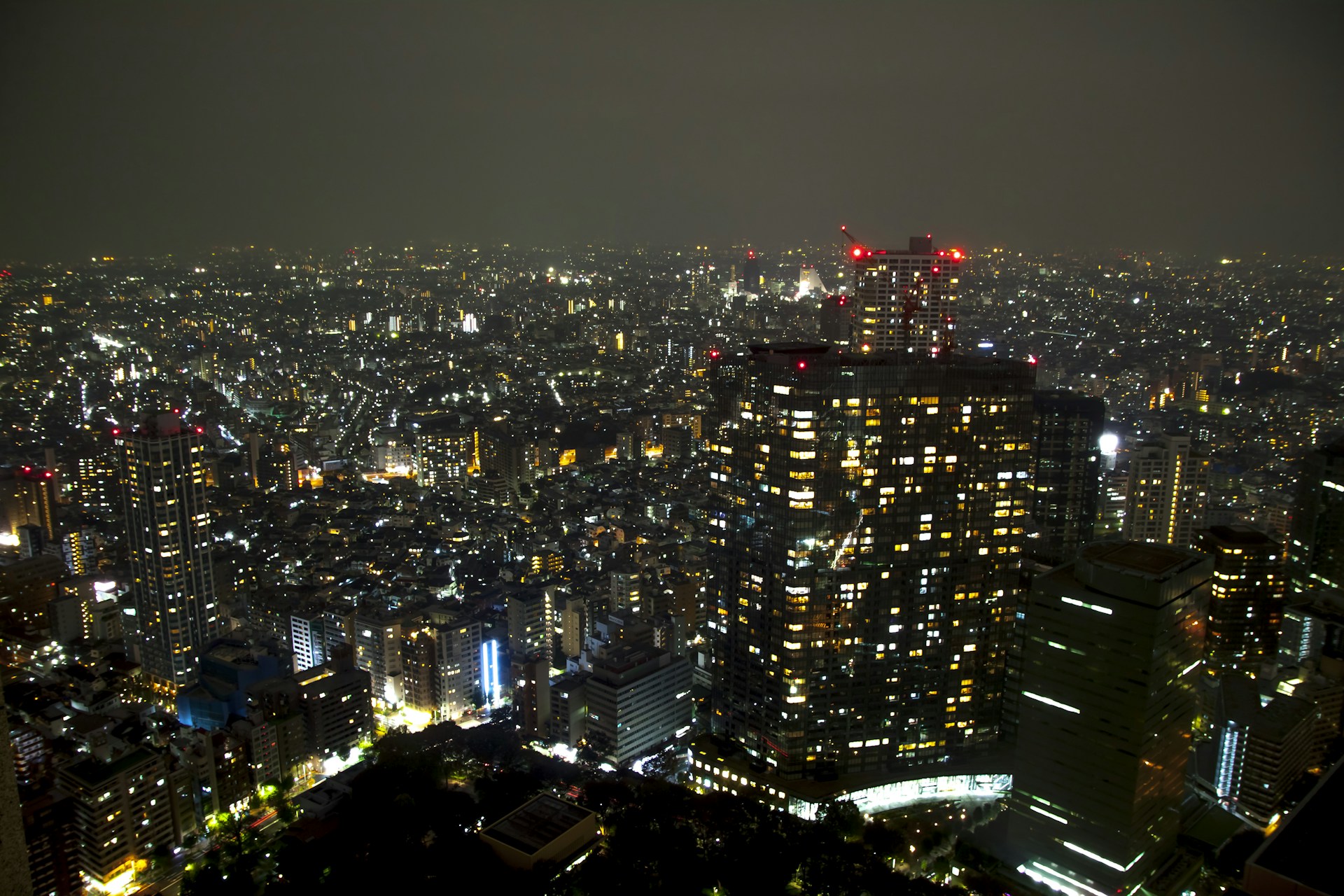 A bustling city skyline at night, illuminated by countless lights.