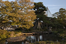 A tranquil Japanese garden with lush greenery and a serene pond reflecting the surrounding trees. Traditional structures resembling lanterns and a tree supported by ropes hint at careful garden design. The soft light casts gentle shadows, enhancing the peaceful atmosphere.
