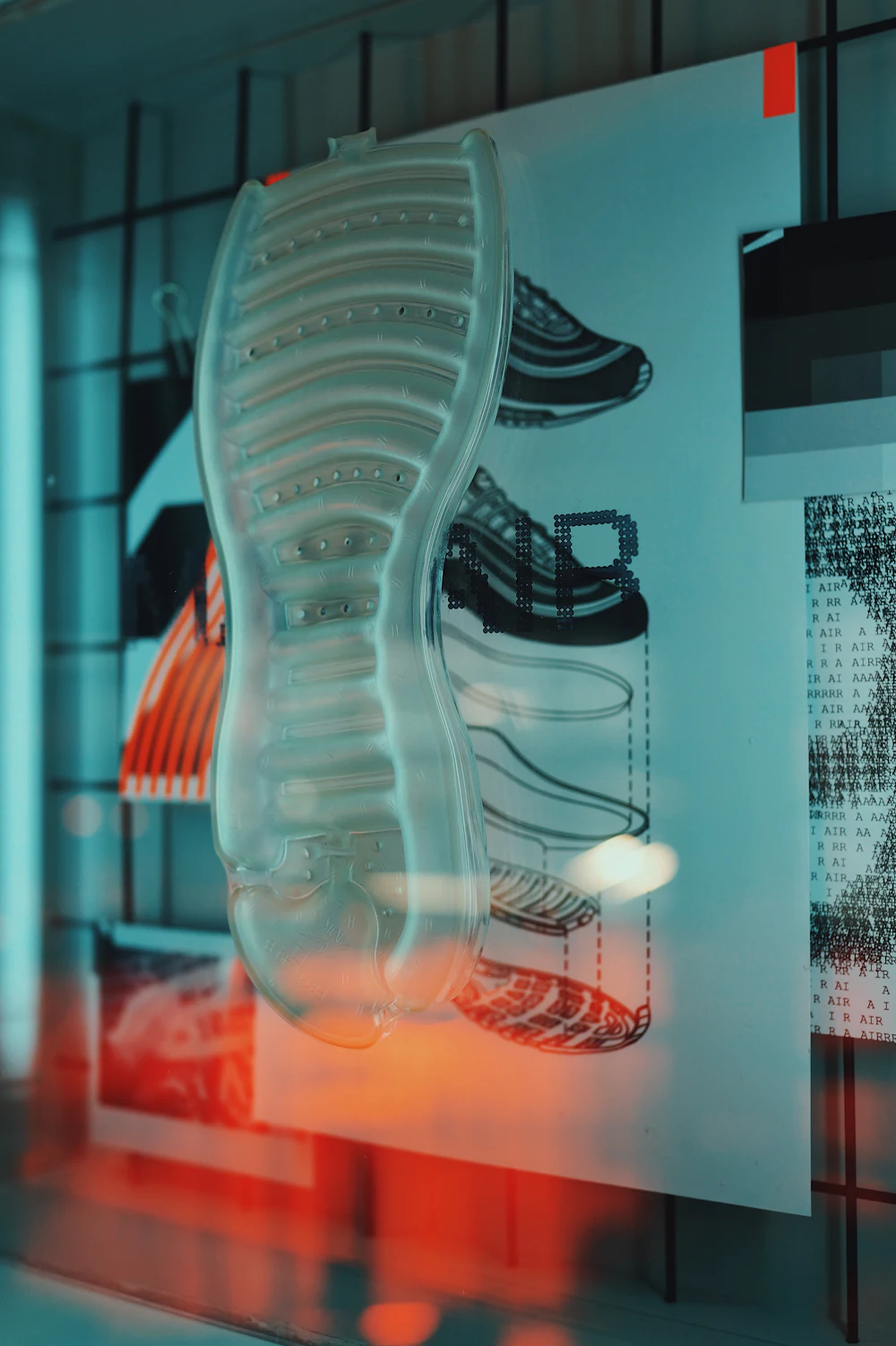 The tread pattern of an outsole in close focus