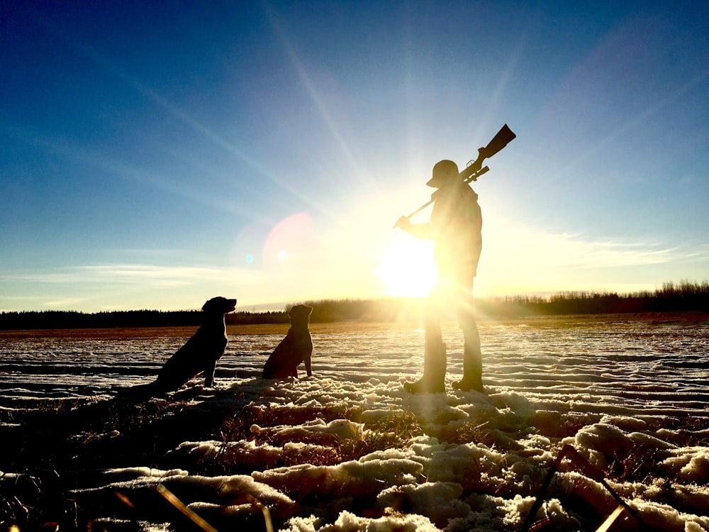 man standing holding rifle in front of dogs during daytime