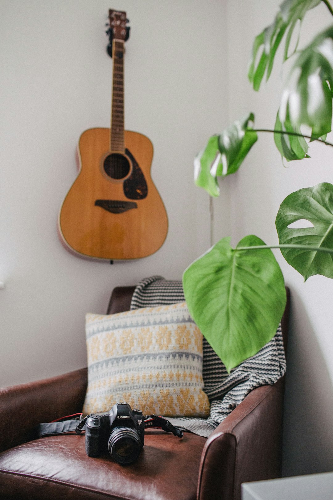 brown acoustic guitar hanging on wall