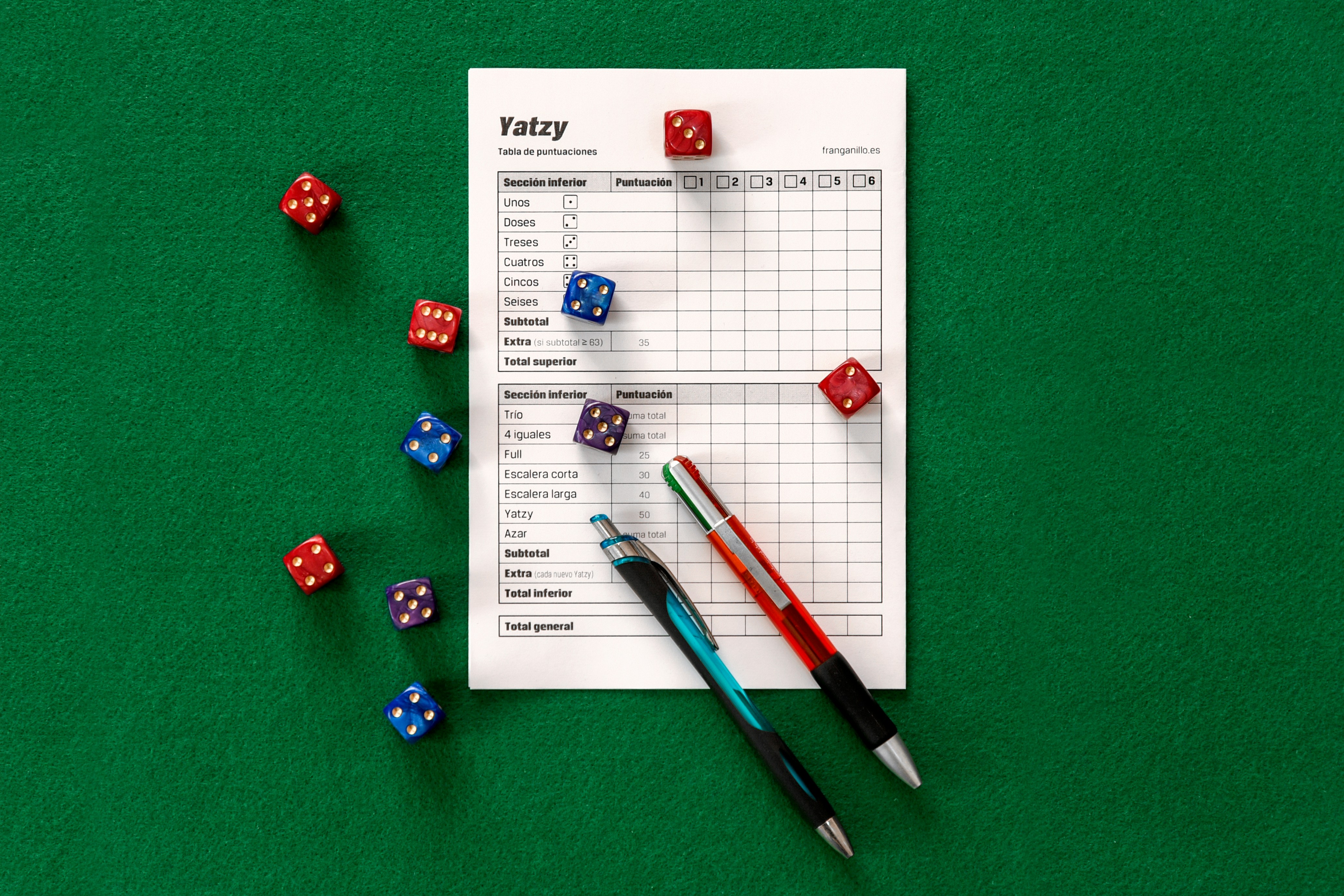 Assorted-color dice on green surface. Yatzy is a public domain dice game similar to Yacht and Yahtzee (trademarked by Hasbro in the United States). It is related to the Latin American game Generala, the English game of Poker Dice, Cheerio. Yatzy is most popular in the Scandinavian countries.