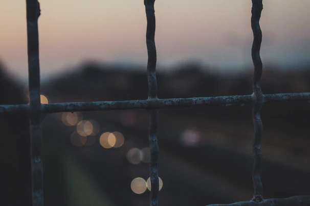 Close-up of security perimeter fencing with integrated sensors at dusk.