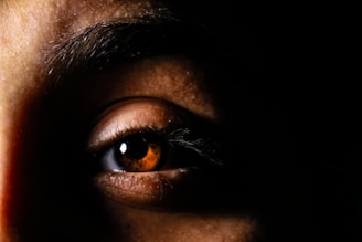 A close-up view of a human eye, with rich brown iris, surrounded by shadows. The lighting emphasizes the texture and details of the skin around the eye, with the eyebrow visible at the top and eyelashes clearly defined against the darkness.
