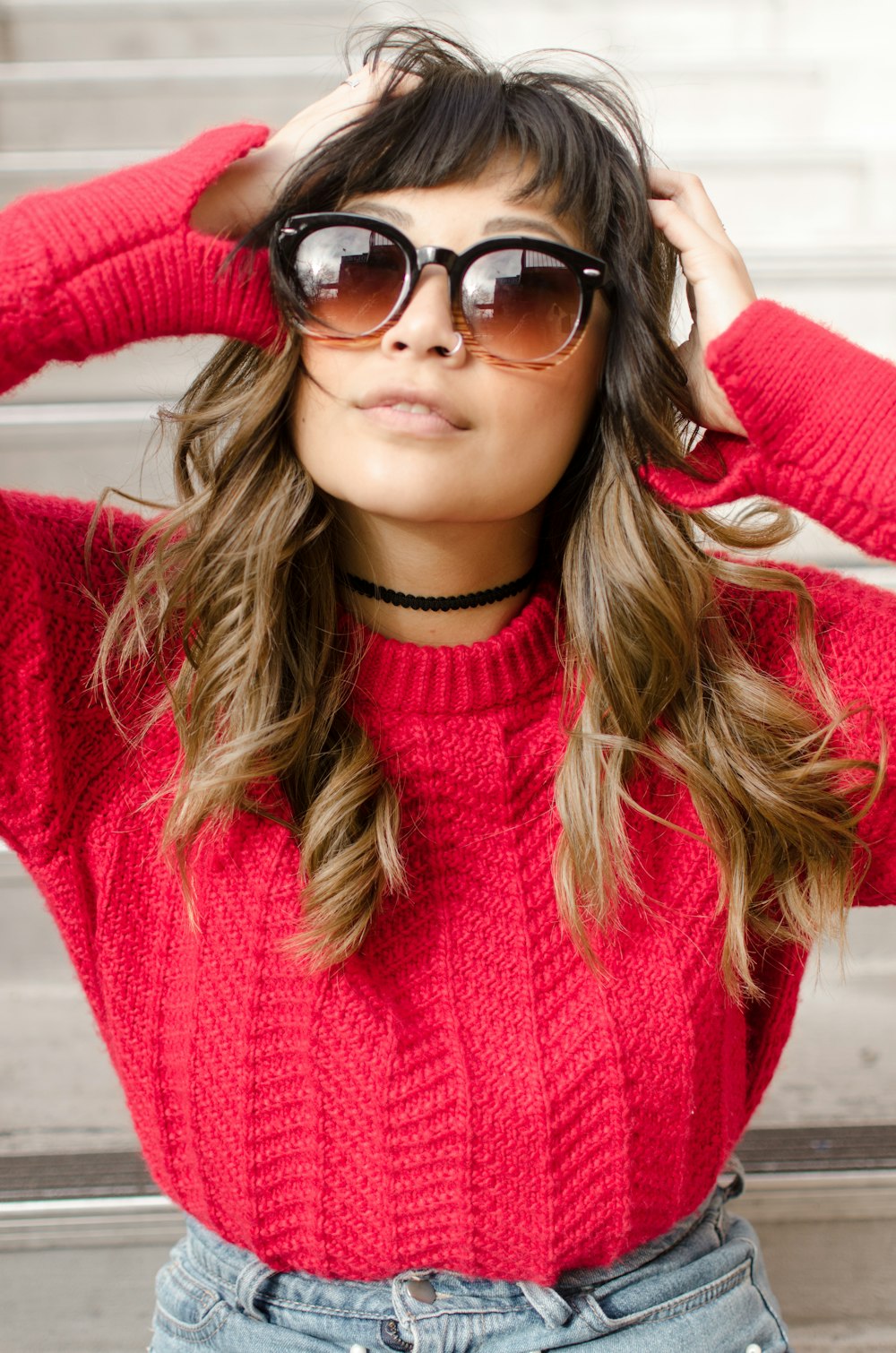 man wearing red long-sleeved shirt