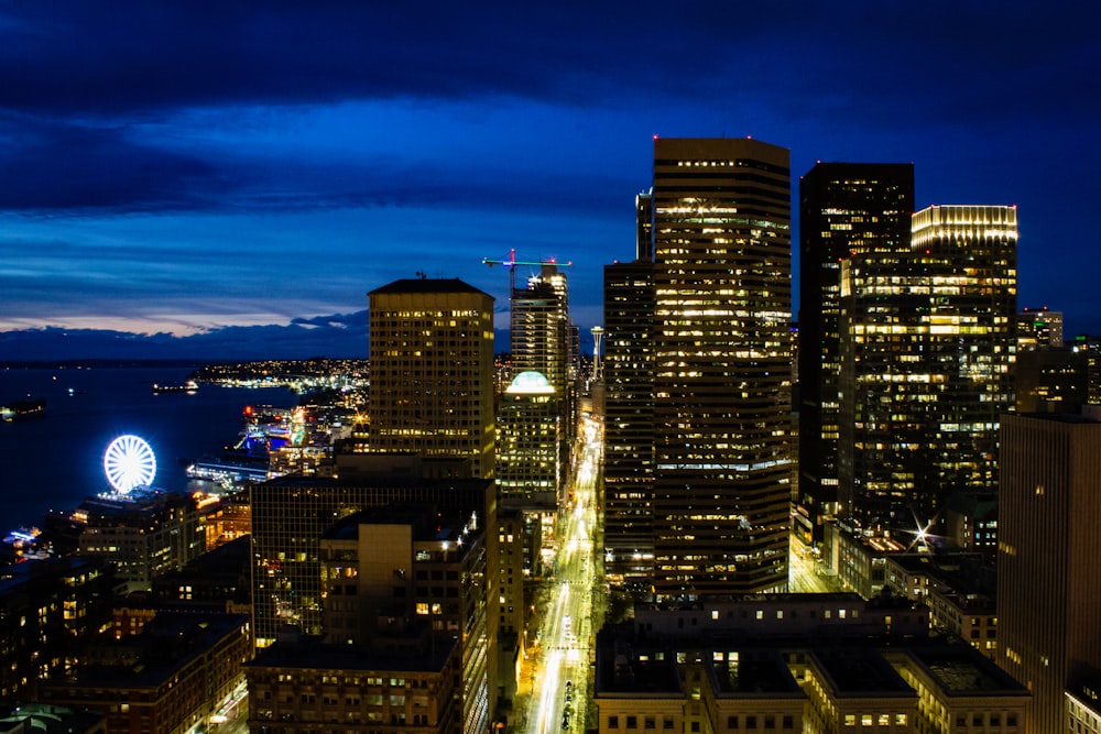 aerial photography of lighted buildings during night time