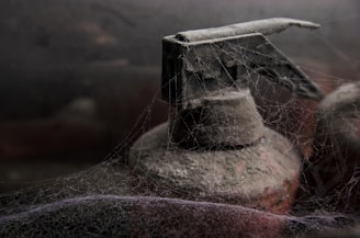 A dusty fire extinguisher shrouded in intricate cobwebs, suggesting long-term neglect. The ambient lighting is dim, creating a sense of abandonment and mystery.