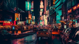 cars on road surrounded by building during nighttime