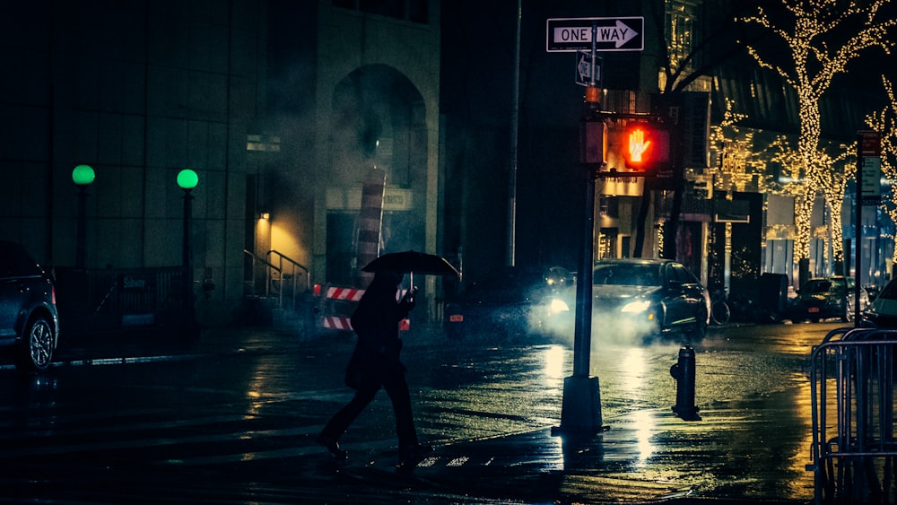 person crossing street while holding umbrella