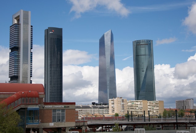 A panoramic view of the modern skyline of Madrid with clear blue skies.