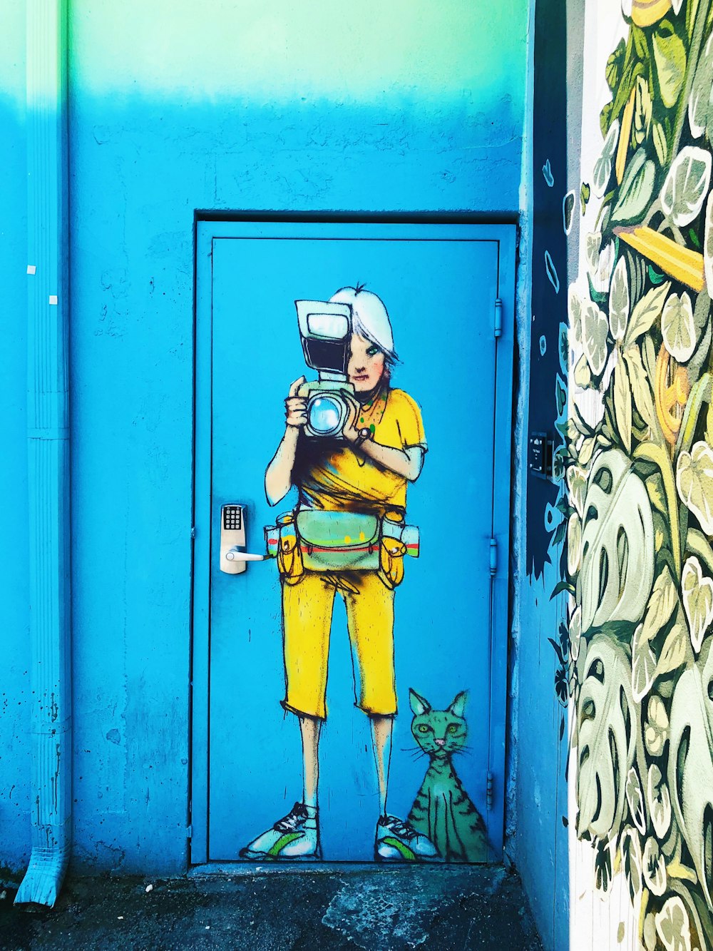 blue and yellow person taking camera painted door