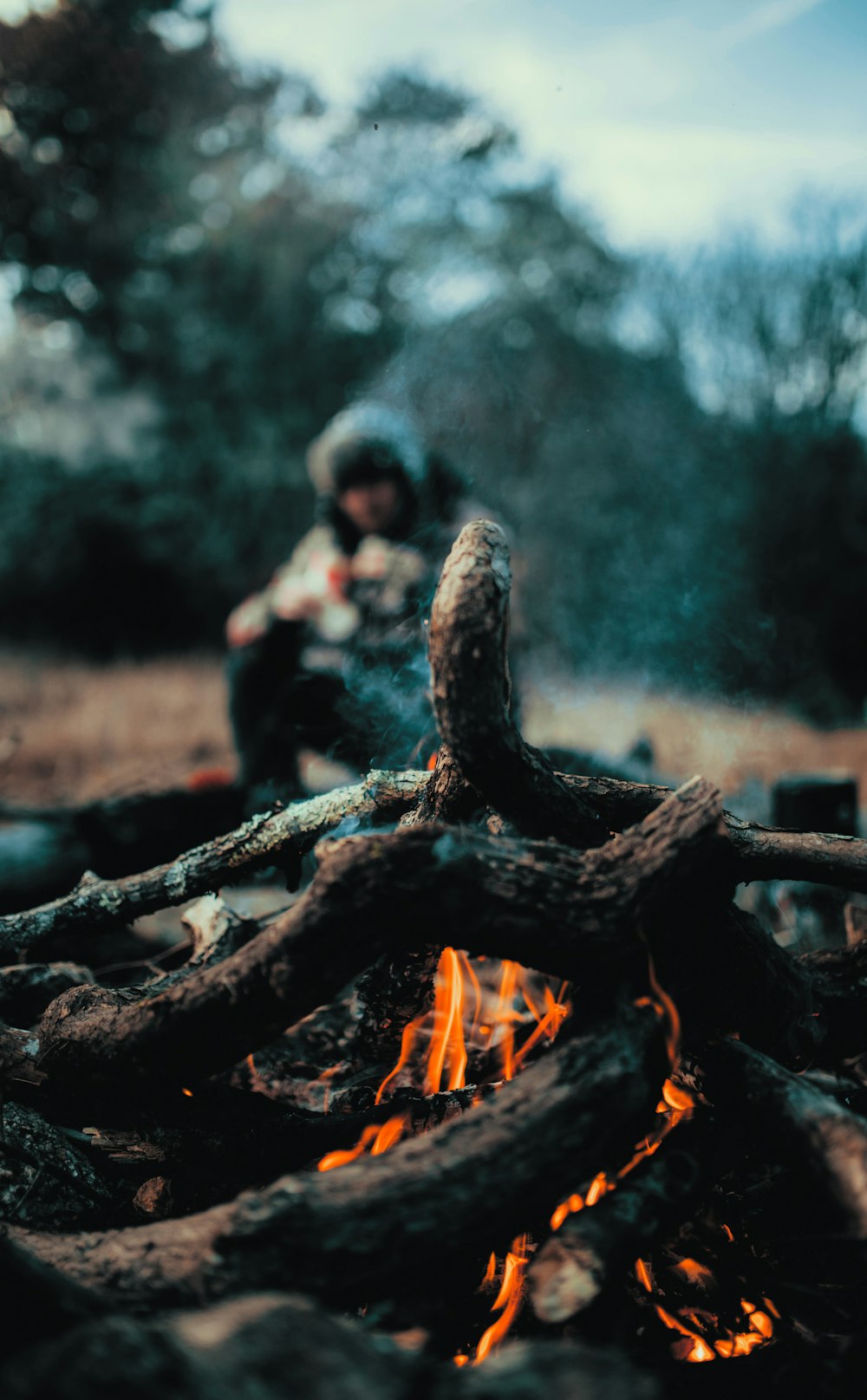 숲의 불 옆에 앉아있는 사람