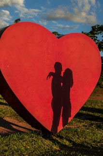 shadow of coupe hugging near red heart statue