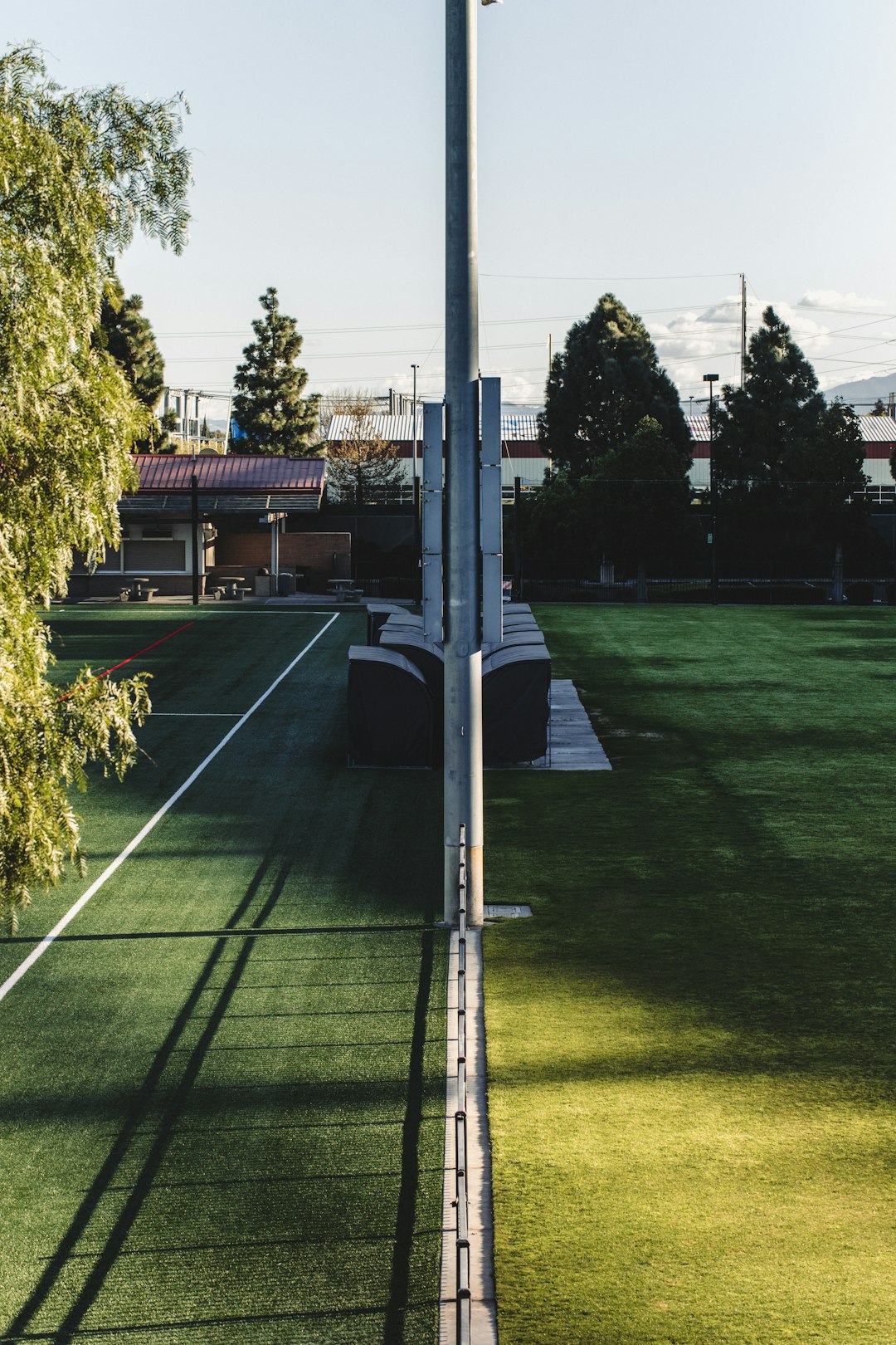 green grass field with gray metal post