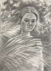 A detailed portrait sketch of a woman with expressive eyes and flowing hair in charcoal style.