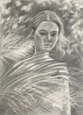 A detailed black and white charcoal sketch of a thoughtful face.