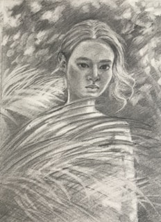 Black and white sketch of a contemplative face with expressive lines