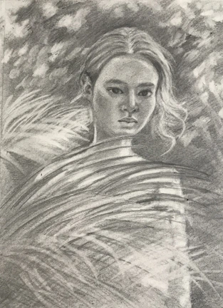 A detailed black and white charcoal sketch of a thoughtful face.