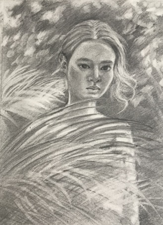 A grayscale sketch depicts a contemplative woman with flowing hair partially obscured by abstract streaks resembling leaves or grass. Her serious expression is emphasized by shadows and highlights.