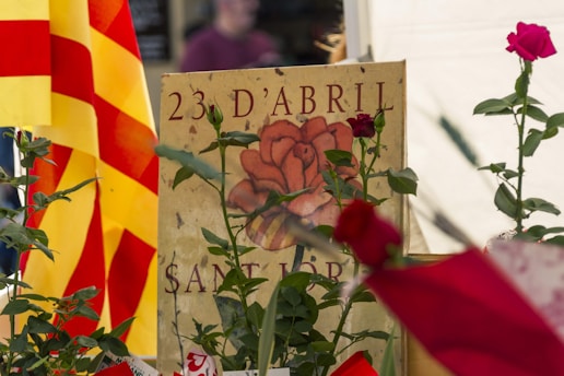 A poster featuring a rose and the text '23 D'abril Sant Jordi' is surrounded by red roses. A colorful yellow and red striped flag is prominently displayed on the left, contributing to a celebratory atmosphere.