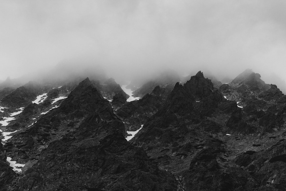 grayscale mountain scenery