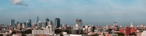 A panoramic view of a city skyline with new developments.
