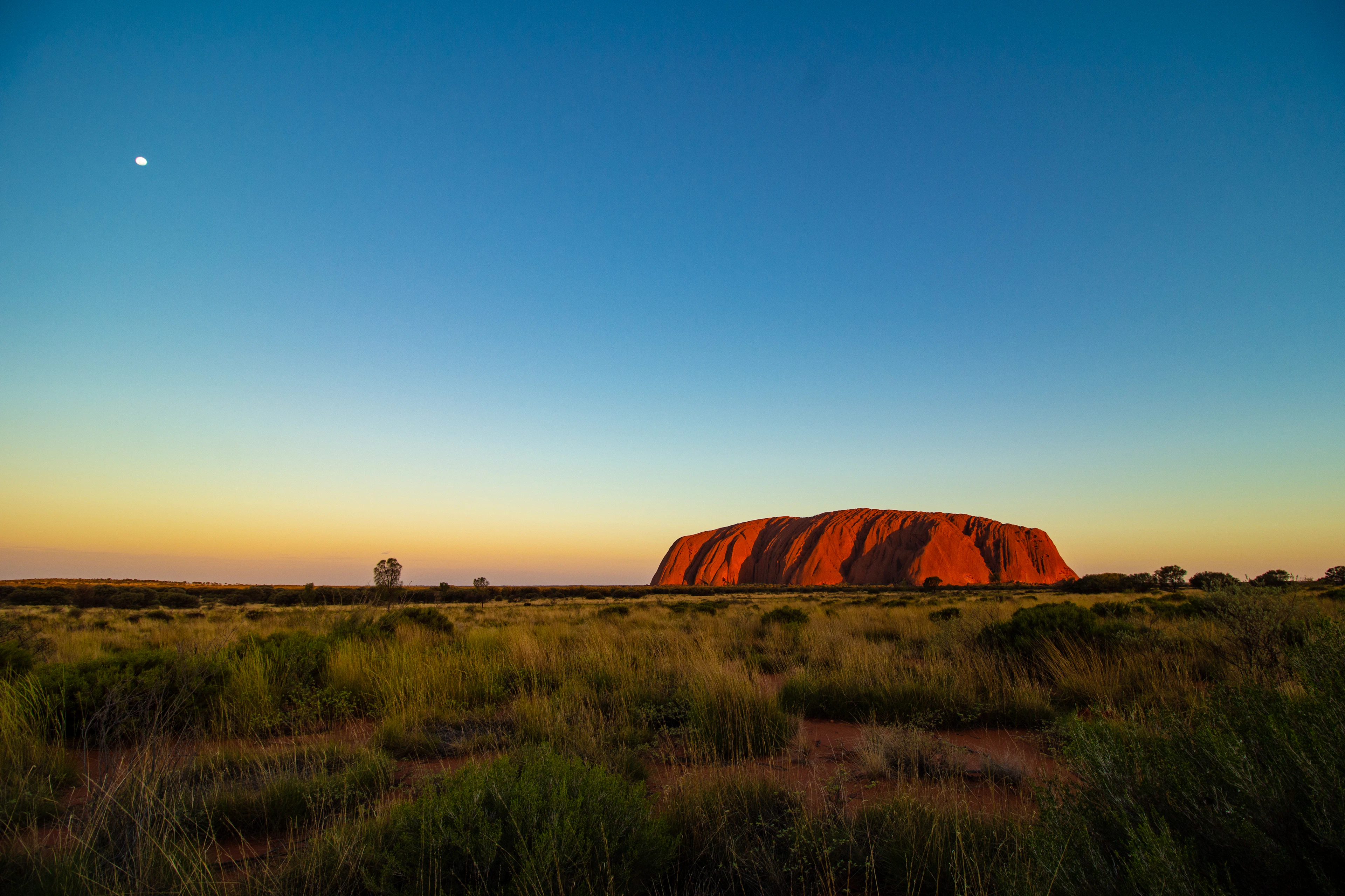 Uluru glowing in the low sun above a vast desert landscape