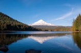 A serene mountain lake reflecting snow-capped peaks under a clear blue sky