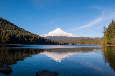 A serene mountain lake reflecting snow-capped peaks under a clear blue sky