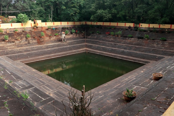 A stepped tank surrounded by stone steps, with green water at the bottom. The area around the tank features potted plants and greenery. The perimeter of the structure is outlined by a cream-colored wall with red accents. Trees can be seen in the background, adding to the natural setting.