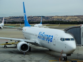 An Air Europa airplane is parked on the airport tarmac, connected to a jet bridge. The aircraft has a white body and blue tail, with the airline's logo prominently displayed. Other planes are visible in the background, along with a landscape of hills and trees.