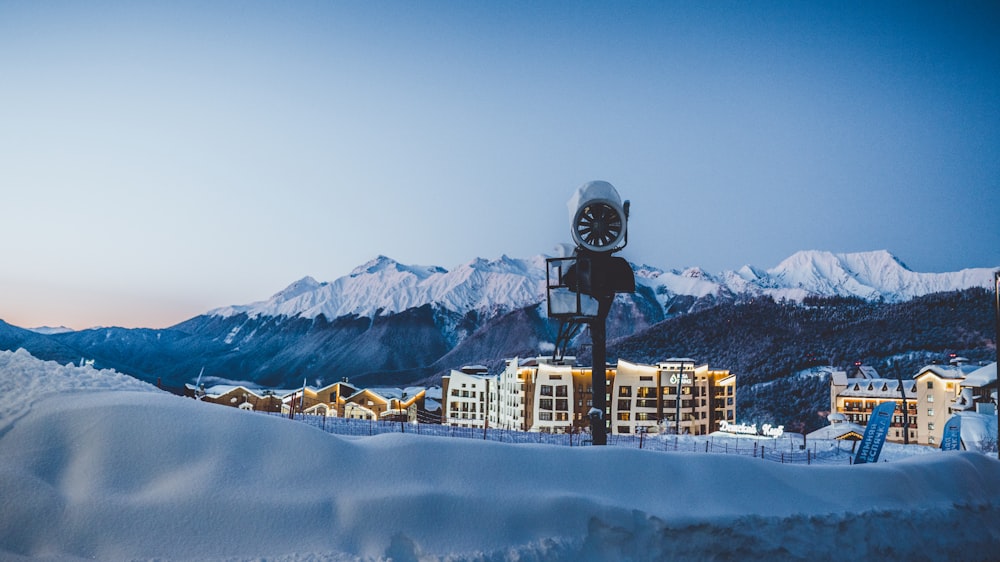 concrete buildings covered with snow