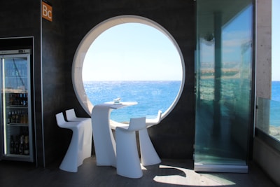 Bright office space with modern décor and ocean view.