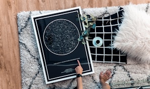 flay lay photography of chart on rug