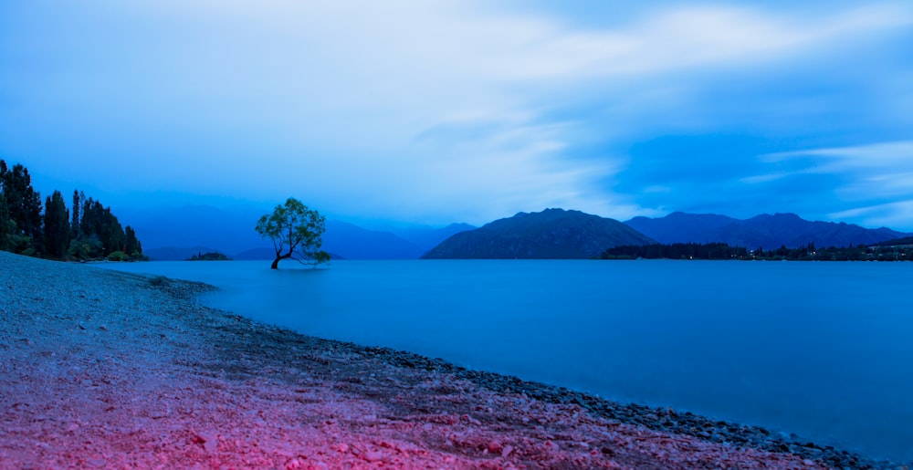 seashore infront of mountain