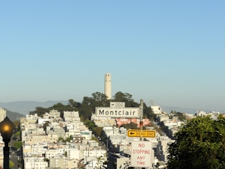A cityscape with a prominent white tower on a hill surrounded by trees. Residential buildings line the hillside, leading down to urban streets. A street sign labeled 'Montclair' is in the foreground along with a yellow 'dead end' sign and a 'no stopping any time' sign.