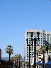 A cityscape featuring a tall modern building with the Adobe logo on top. The foreground has several black streetlights and palm trees lining the street. The clear blue sky serves as a backdrop.